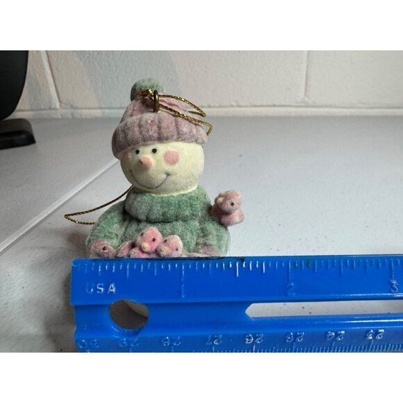 Velvet Flocked Snowman Ornament With Pink & Green Hat Holding Birds Nest - Picture 6 of 7